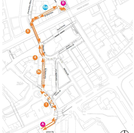 The "back road" route proposed from the bus and train station at Union Square through to Union Street. Image: Fairhurst/Aberdeen City Council 