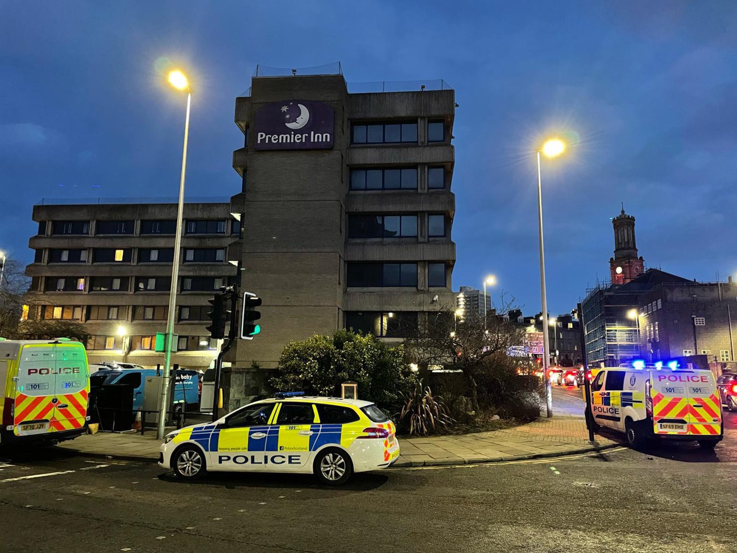 Emergency vehicles in attendance outside the Premier Inn hotel in Aberdeen city centre.