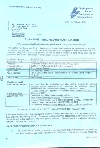 A letter sent to neighbours informing them about plans for permanent floodlights at Bellfield Park.