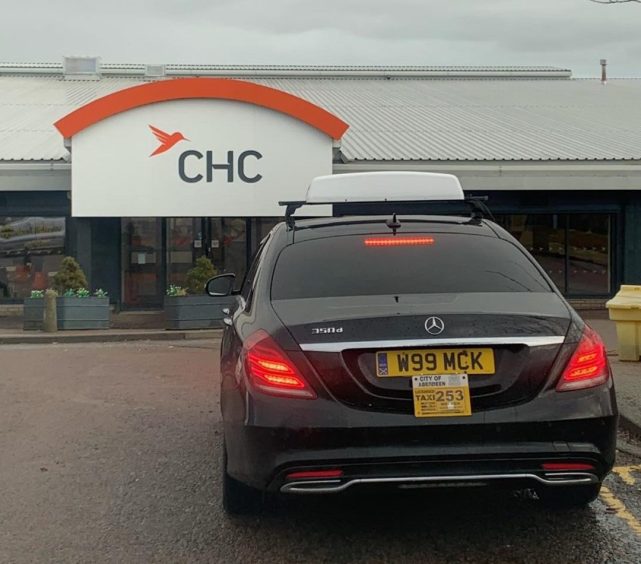 Aberdeen taxi driver Billy McKenzie's black Mercedes at the CHC helicopter terminal, where he picked up a fare. Image: Aberdeen City Council