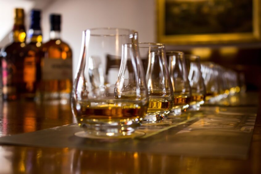A line of tasting glasses filled with different types of whiskies for tasting.