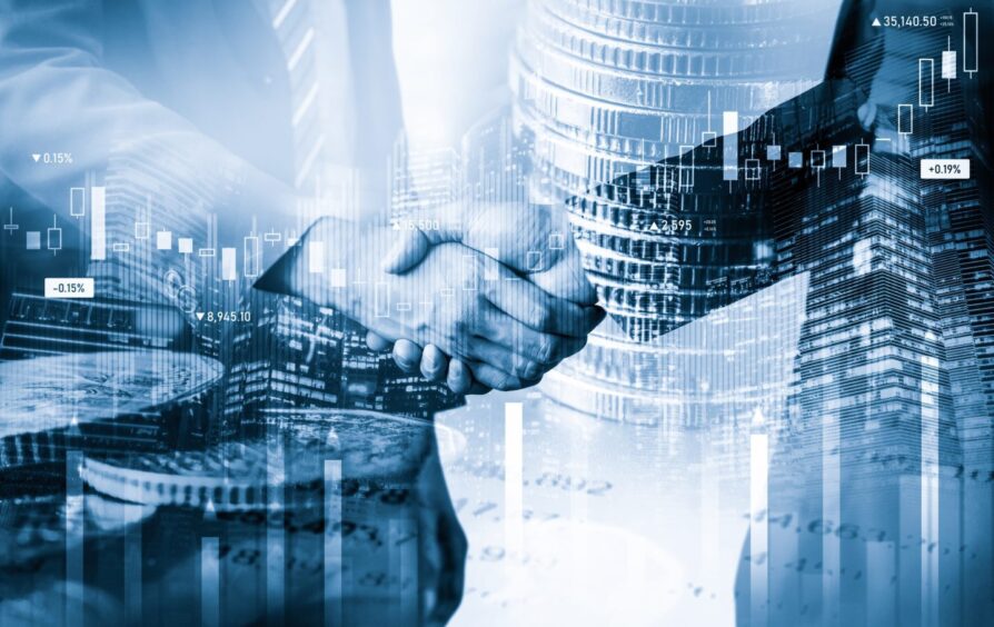 Business handshake on finance prosperity and money technology asset background.