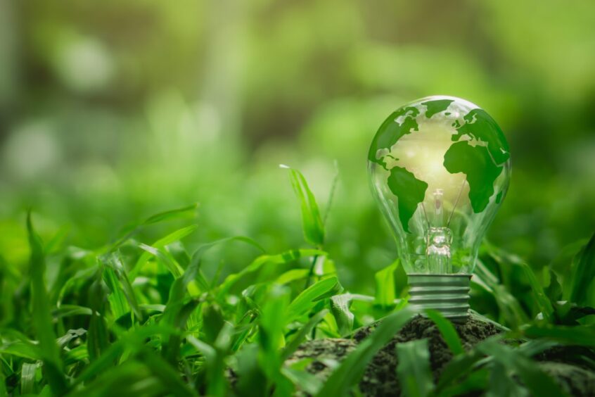 Light bulb with green world map on natural backgound represents renewable energy.