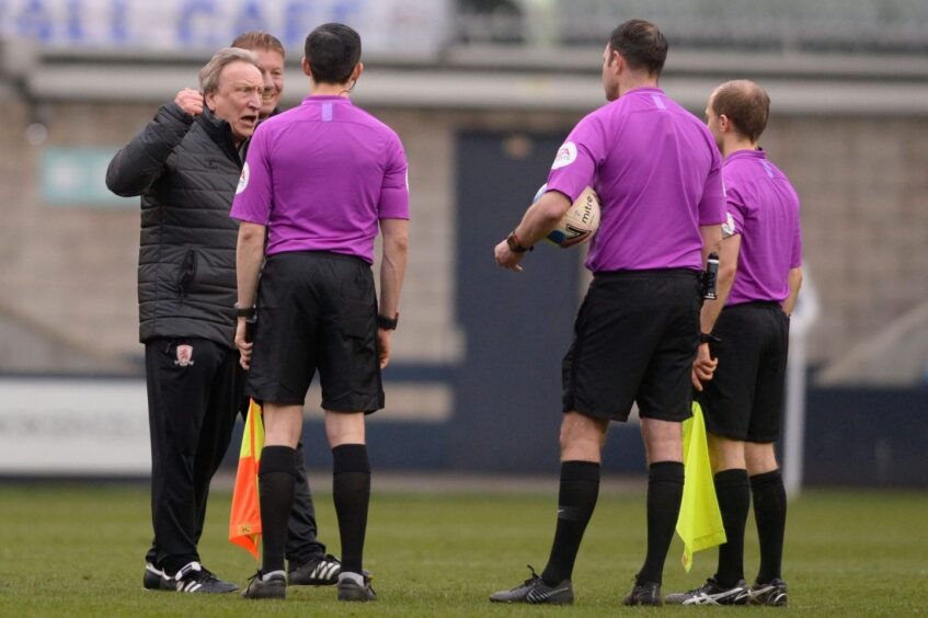 Neil Warnock having words with a referee while in charge at Middlesbrough in season 2020-21. Image: Shutterstock. 