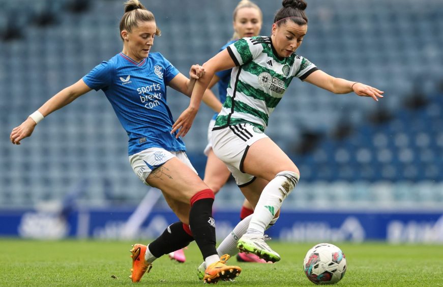 Chelsea Cornet of Rangers battles with Celtic's Amy Gallacher in a SWPL clash at Ibrox. 
