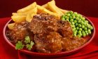 A photo of Faggots (meatballs), Chips And Peas, which a man in aberdeen was claiming he was referring to when using the homophobic slur