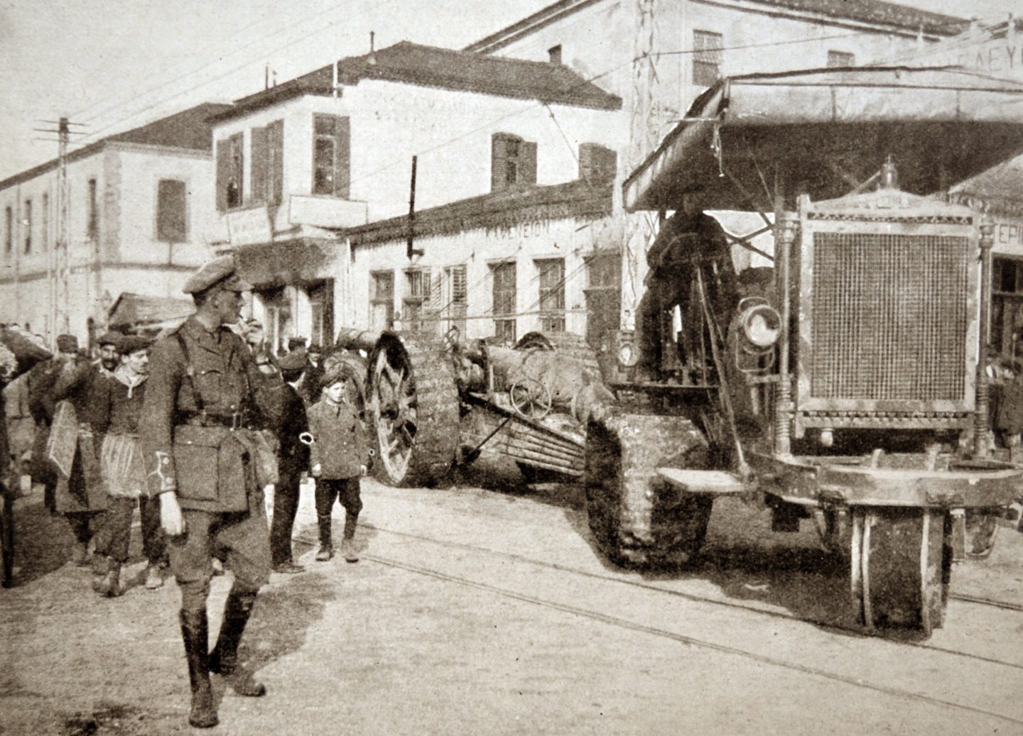 Holt Tractor hauling British artillery in Salonika, Greece during World War One, 1915. 