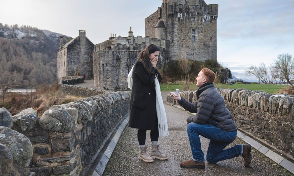 Marriage proposal in front of Dunvegan Castle.