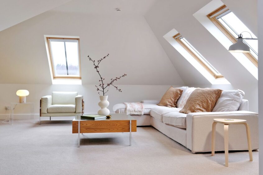 Bright family room inside the steading conversion in Aberdeenshire.