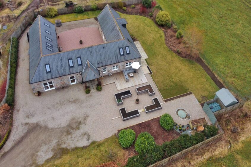 Aerial view of the u-shaped steading conversion near Aboyne.