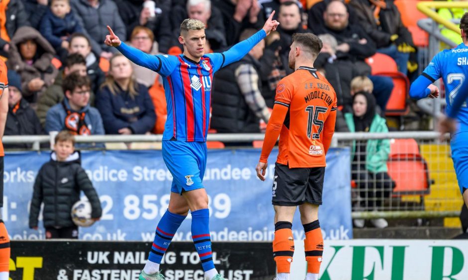Caley Thistle's Wallace Duffy celebrates after scoring the opener against Dundee United at Tannadice.