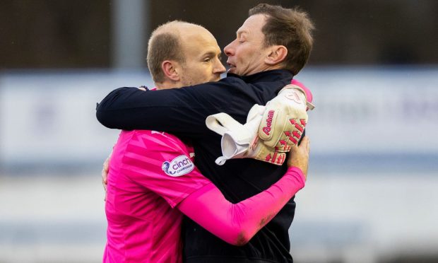 Inverness manager Duncan Ferguson celebrates the 2-0 win at Morton with goalkeeper Mark Ridgers.