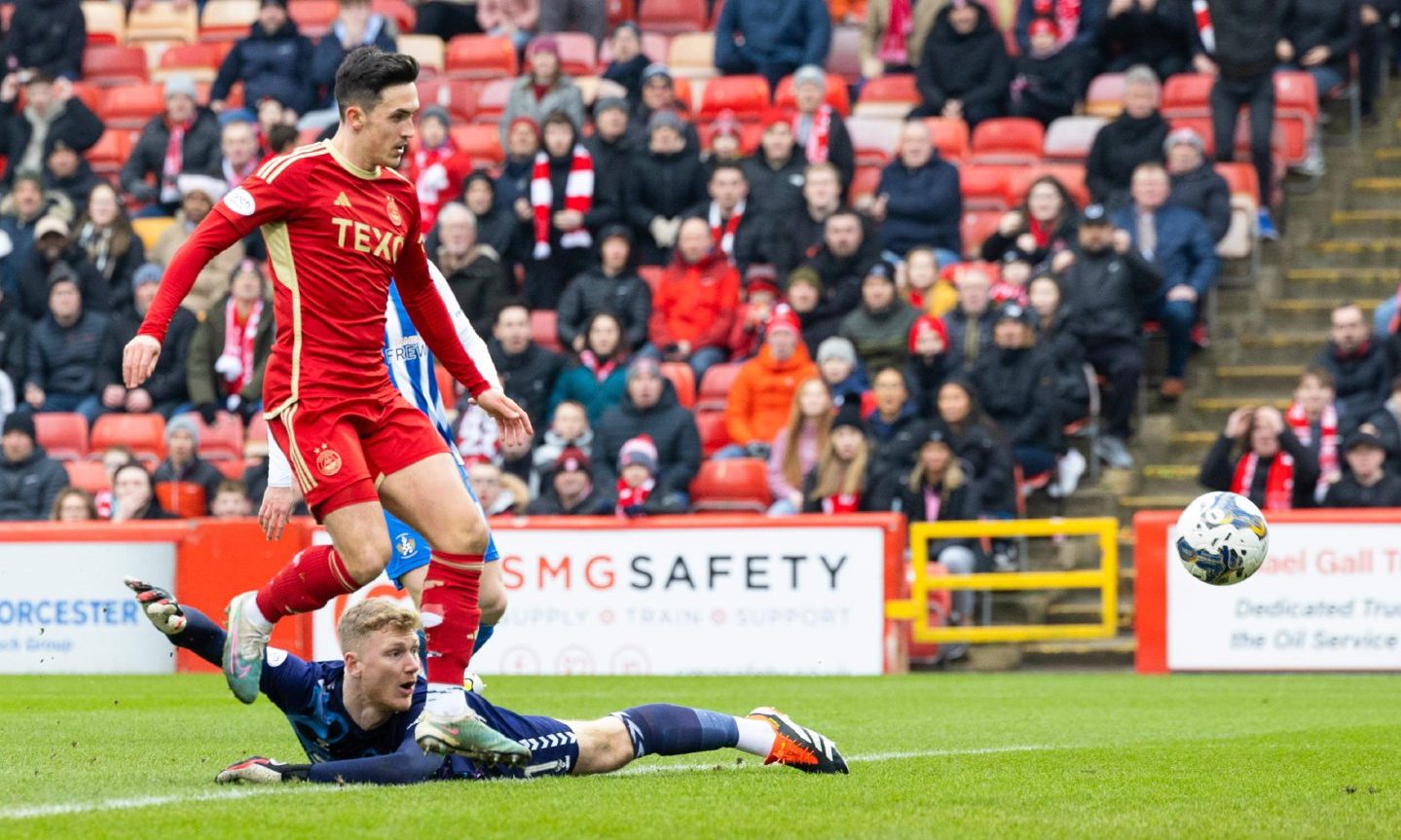Aberdeen's Jamie McGrath scores to make it 1-0 against Kilmarnock in the Scottish Cup quarter-final at Pittodrie.