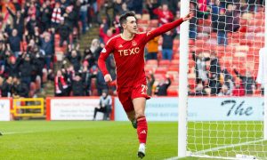 Aberdeen's Jamie McGrath celebrates scoring to make it 1-0 against Kilmarnock in the Scottish Cup quarter-final at Pittodrie. Image: SNS