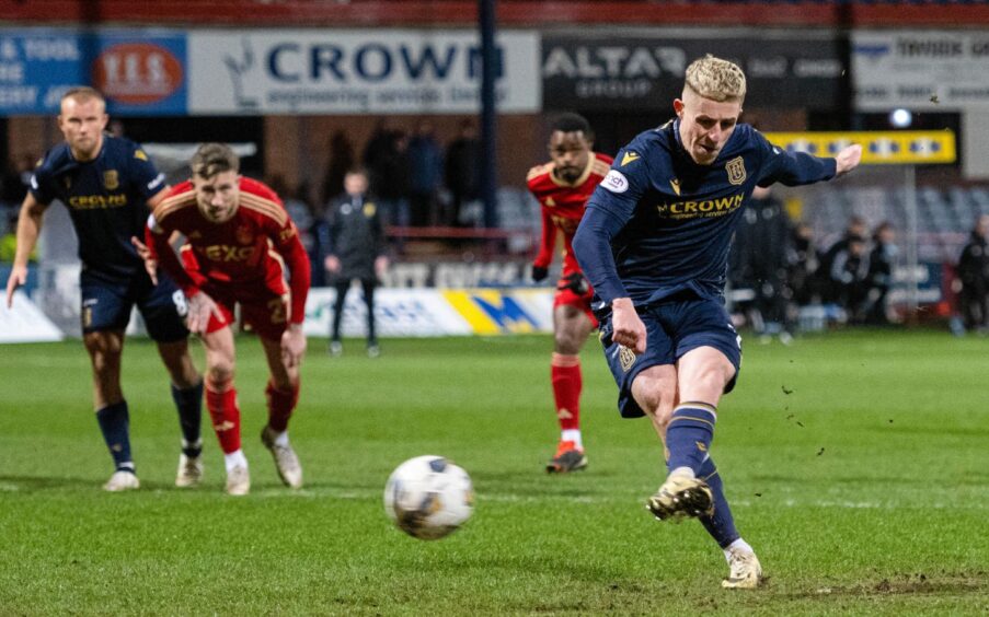 Dundee's Luke McCowan scores a penalty to make it 1-0 against Aberdeen at Dens Park last month. Image: SNS.