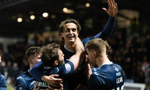 Yan Dhanda celebrates netting for Ross County against Hibernian. Image: SNS