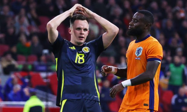 Scotland's Lawrence Shankland after hitting the crossbar against the Netherlands. Image: SNS