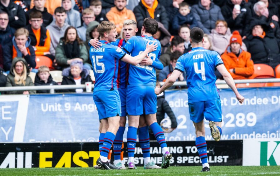 Caley Thistle celebrate Wallace Duffy's goal against Dundee United at Tannadice.