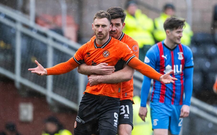 Dundee United's Louis Moult celebrates his long-range equaliser against Caley Thistle.
