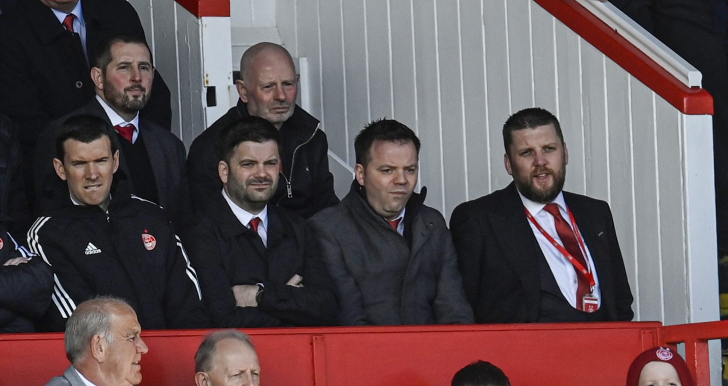 Aberdeen director of football Steven Gunn and chief executive Alan Burrows during the Premiership match against Ross County at Pittodrie. Image: SNS 