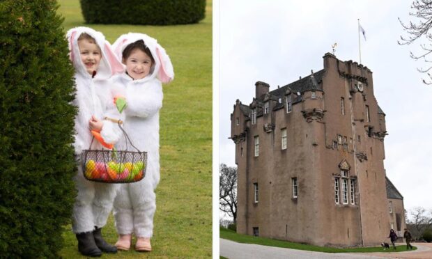 Children in bunny outfits and Crathes Castle