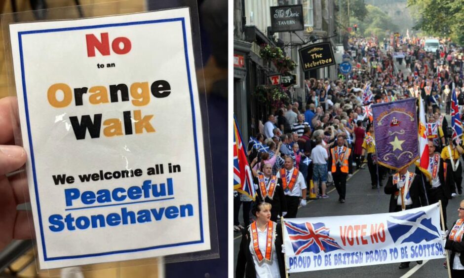 Poster reads: "No to an Orange Walk. We welcome all in peaceful Stonehaven."