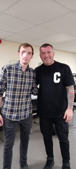 Aiden Cowie with comedian Gary Meilkle