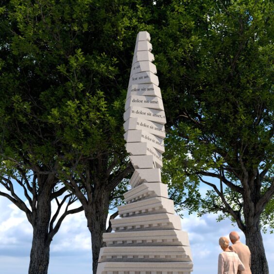 A closer visualisation of the Covid memorial cairn planned for Bon Accord Terrace Gardens in Aberdeen. Placeholder text shows where the words of a newly penned poem will be engraved on the granite. Image: George King Architects/Aberdeen City Council