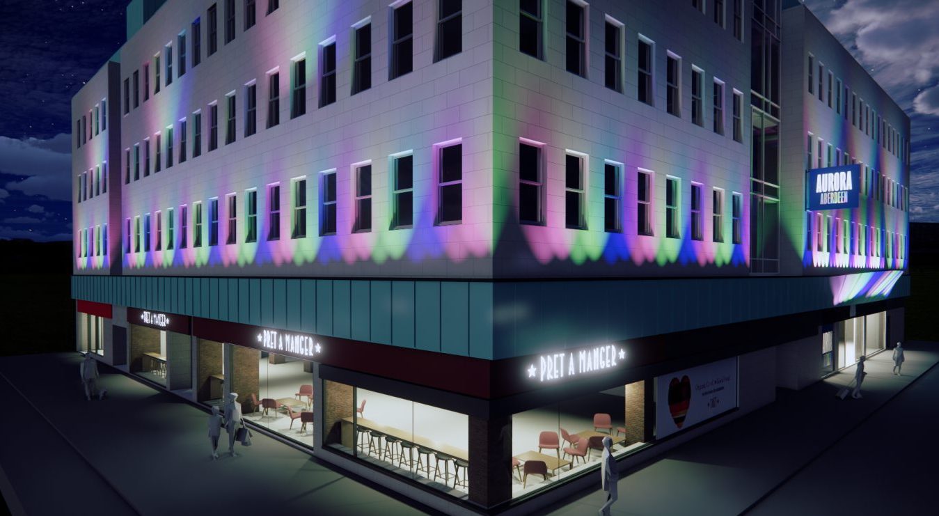 An impression of how Caledonian House in Aberdeen will look with colourful lights along the exterior walls