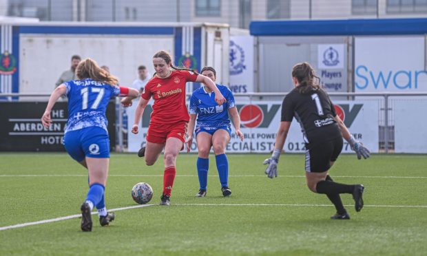 Bayley Hutchison pictured scoring the opener in Aberdeen Women's 2-0 win over Spartans in the SWPL.