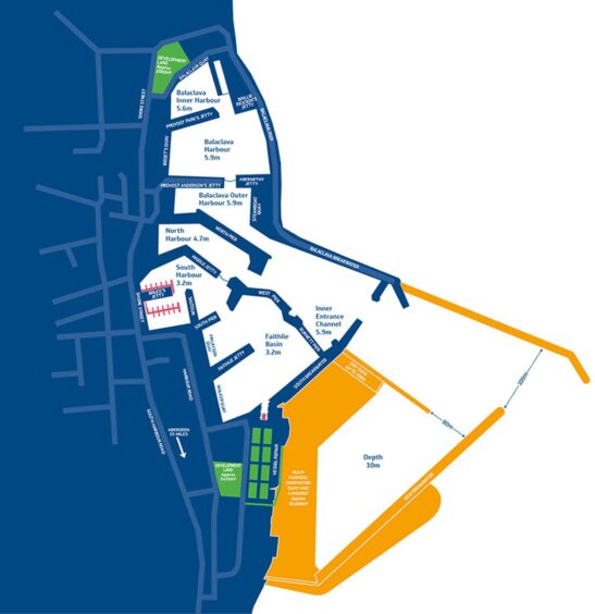 Map of the harbour, with new development opportunities highlighted in green. Image: Fraserburgh Harbour