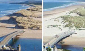 Collage of Lossiemouth dunes before and after erosion.