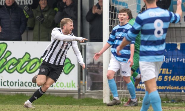 Aidan Sopel, left, celebrates scoring for Fraserburgh against Banks o' Dee. Pictures by Jasperimage