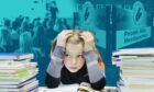 Child holding hands while leaning on desk between piles of books.