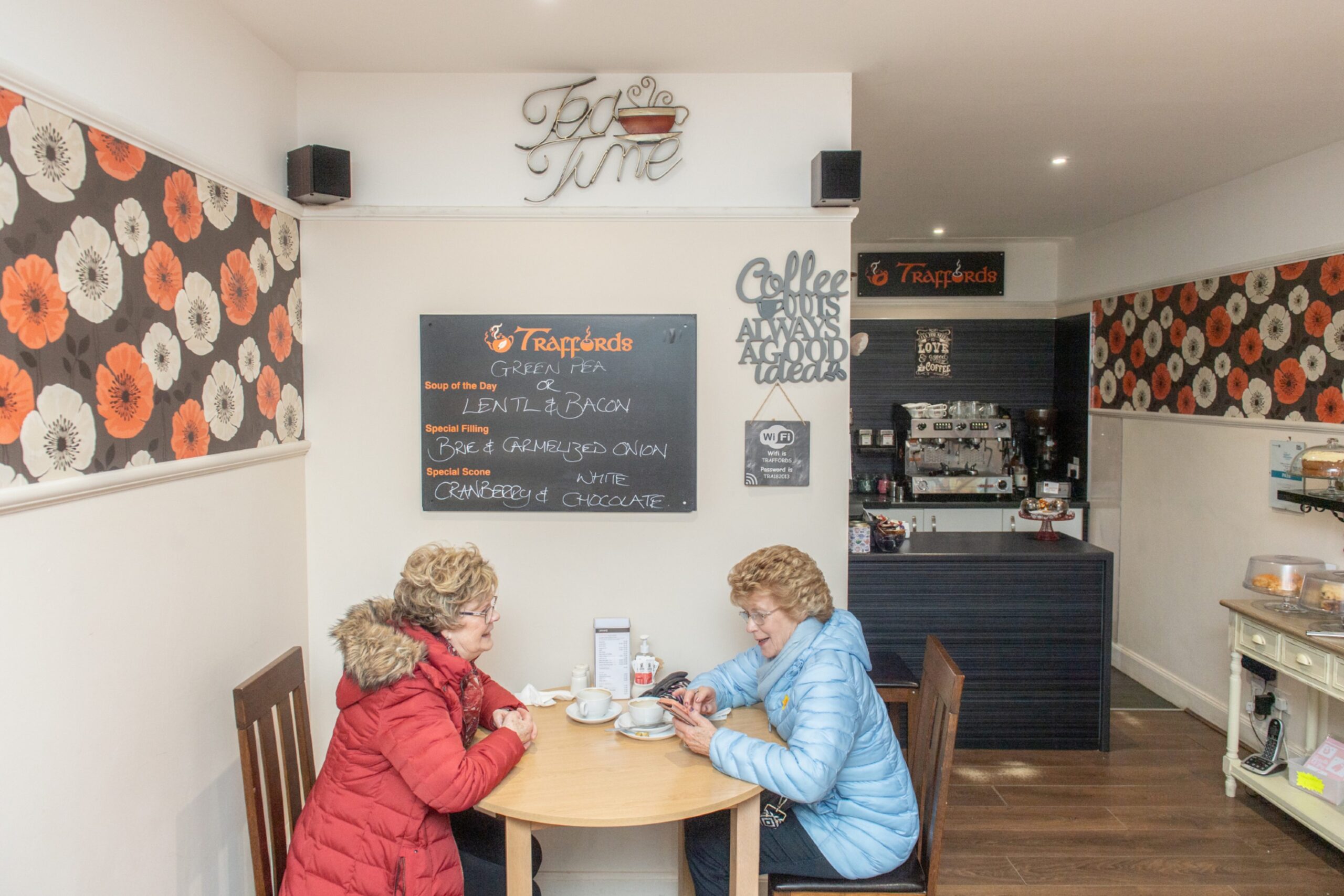 Interior of Traffords coffee house.