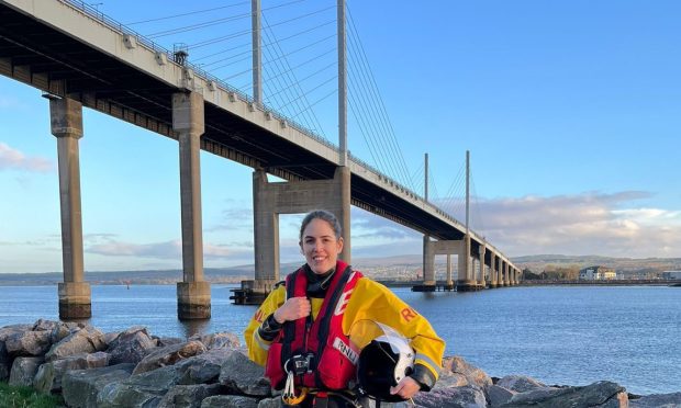 Jane Hier, pictured close to the Kessock Bridge, has been volunteering with the RNLI for more than six years. Image: RNLI