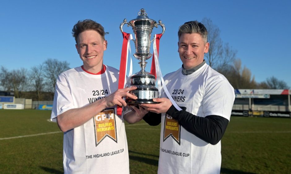 Ally MacDonald and Josh Meekings with the Highland League Cup.