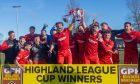The Brora Rangers squad celebrates with the GPH Builders Merchants Highland League Cup after their victory against Fraserburgh. Pictures by Kath Flannery/DCT Media.