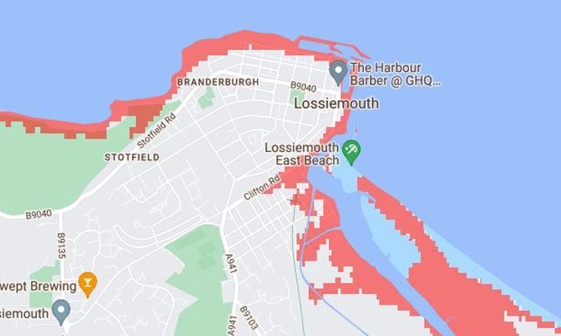 Lossiemouth map with coastal areas marked red.