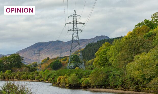 Existing electricity pylons running beside the River Conon, near Strathpeffer. Image: Anne Coatesy/Shutterstock