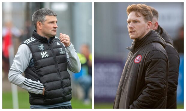Fraserburgh manager Mark Cowie, left, and Brora Rangers player-manager Ally MacDonald, right. Image created on March 28 2024 ahead of the GPH Builders Merchants Highland League Cup final between Fraserburgh and Brora Rangers.