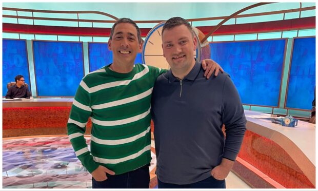 Stuart Ingham (right) with Countdown host Colin Murray. Image: University of Dundee/Facebook