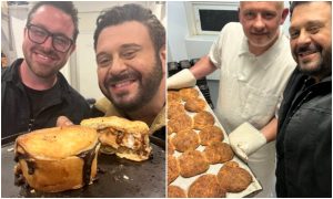 Man v Food star Adam Richman poses with the Tilly Butcher after making his own pie, and The Bread Maker in Aberdeen after trying butteries during his Food Network UK show Adam Richman Eats Britain.