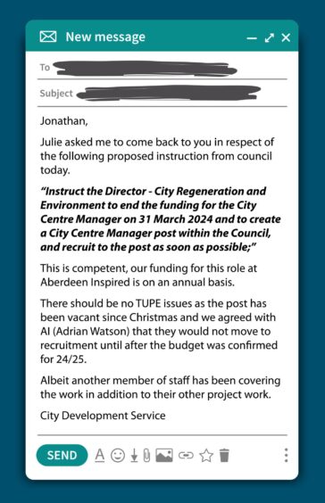 The email from an unnamed official in the council's city development service to chief finance officer Jonathan Belford and interim chief city growth officer Julie Wood. It reads: "[It] is competent [to take the job in-house]."Our funding for this role at Aberdeen Inspired is on an annual basis.

"There should be no TUPE [transfer] issues as the post has been vacant since Christmas and we agreed with Aberdeen Inspired (Adrian Watson) that they would not move to recruitment until after the budget was confirmed for 2024-25.

"Albeit another member of staff has been covering the work in addition to their other project work." Image: DC Thomson