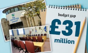 Graphic showing Moray Council HQ and image showing £31 million budget gap.