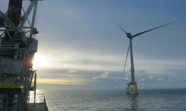 One of the 100 turbines making up the giant Moray East wind farm in the Cromarty Firth.