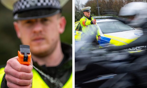 PC Liam Mercer deploying the spray in a training scenario. Images: Kami Thomson/DC Thomson