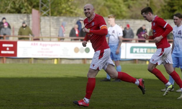 CR0047447, Callum Law, Brechin.
Highland League - Brechin City v Turriff United. 
Picture of Euan Spark celebrating after scoring to make it 5-1.
Saturday, March 23rd, 2024, Image: Kenny Elrick/DC Thomson