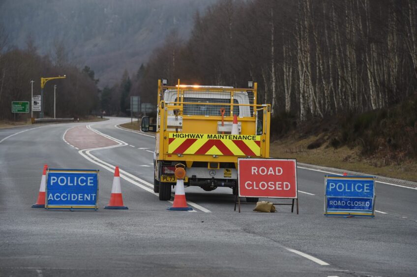 'Road closed' sign on A9 south of Aviemore after crash.