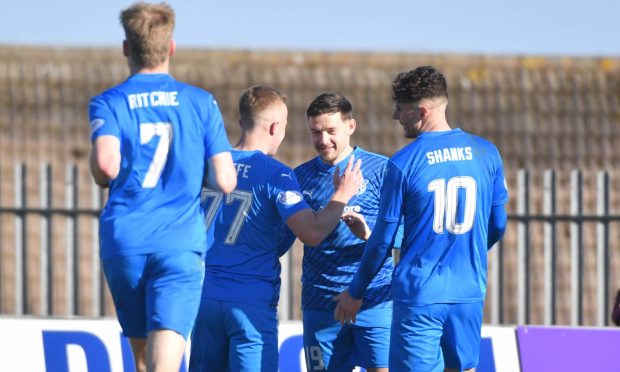 Peterhead's Peter Pawlett celebrates his second goal against Clyde. Image: Duncan Brown.